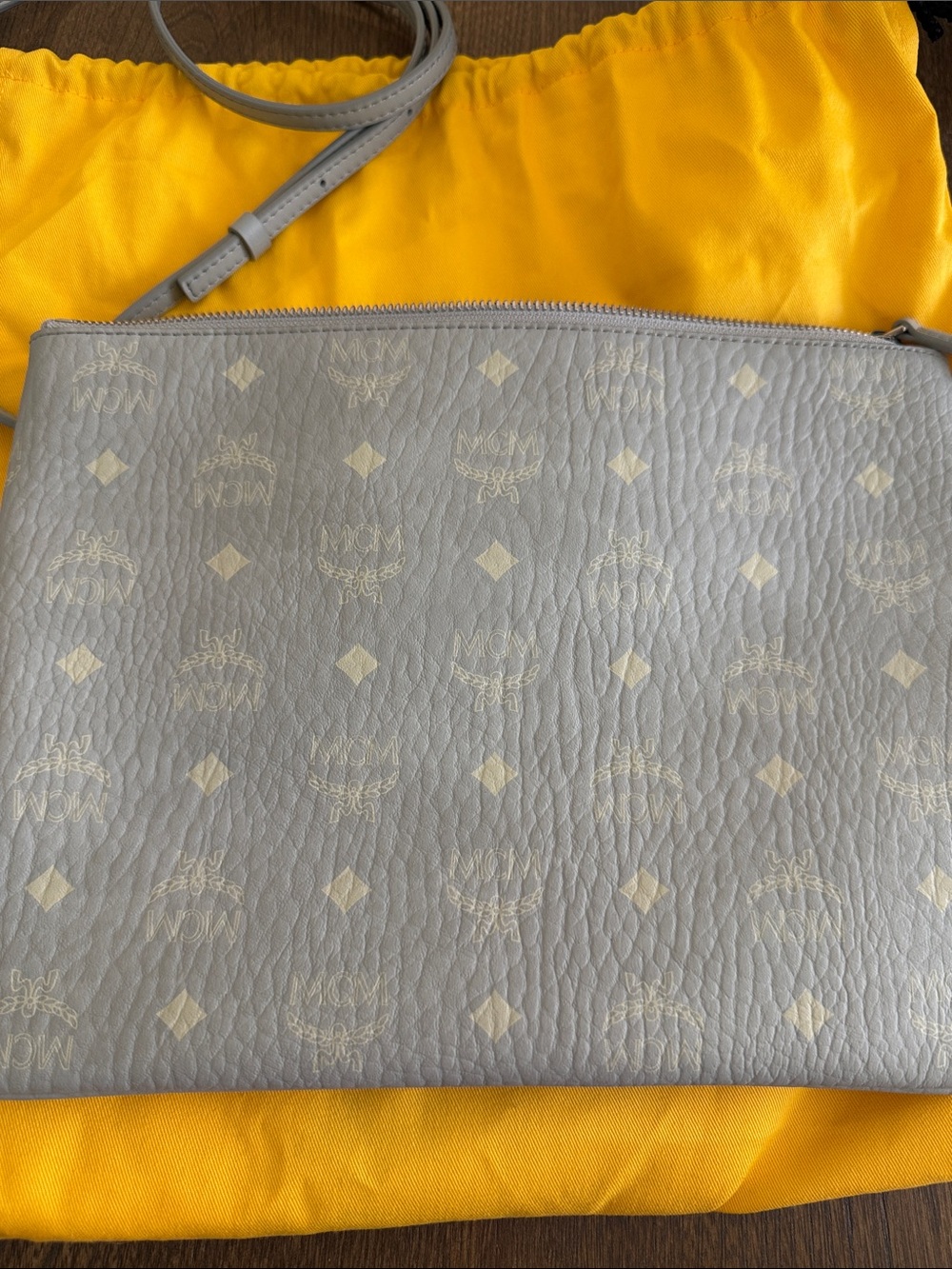 MCM Light Gray Logo-Print Crossbody Clutch with Cream Accents